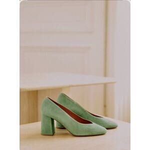 NIB Sezane Alice High Heels Suede Block Heel Pump Green EU 37 /US 6